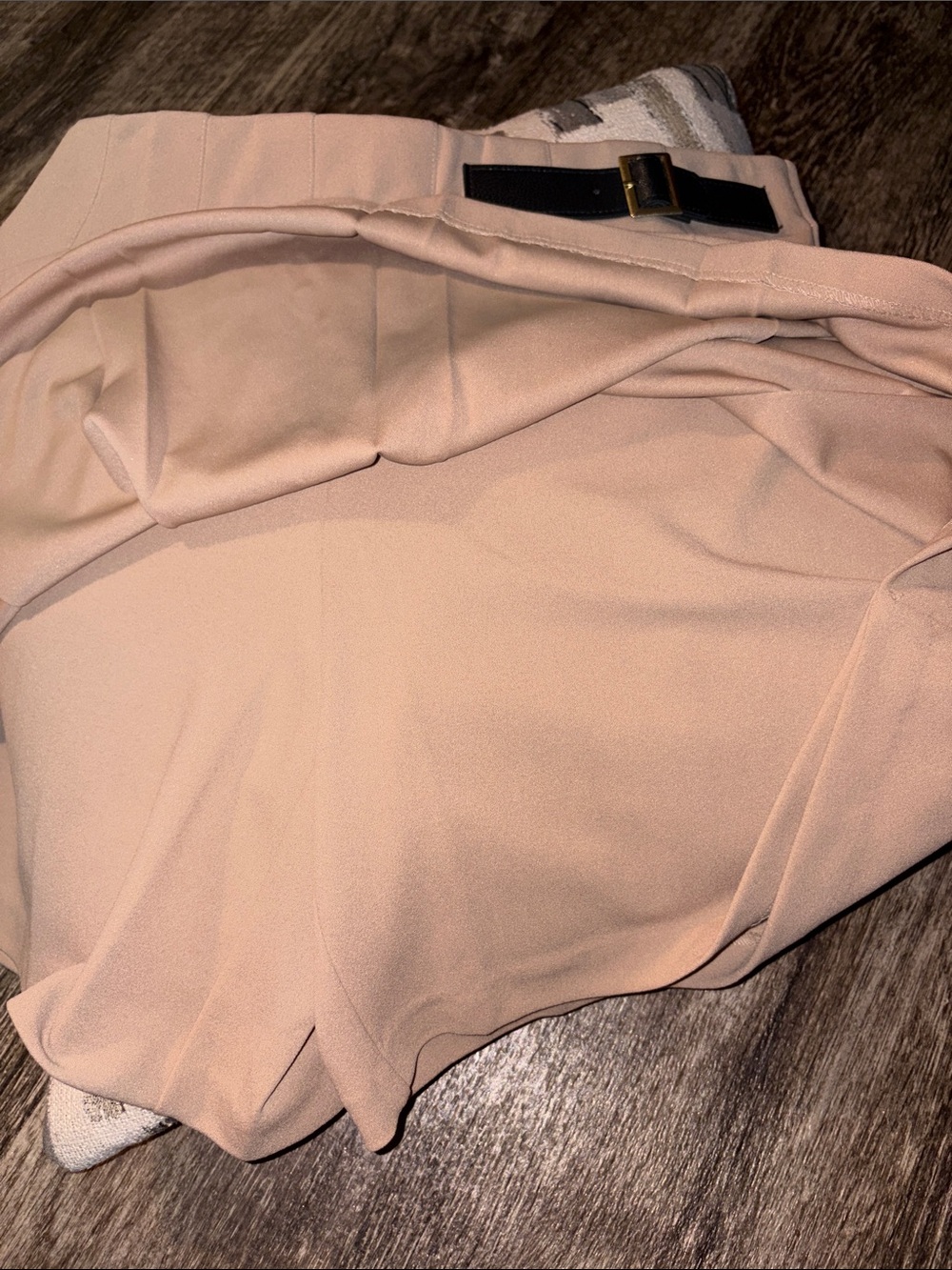 High-Waist Pleated Skater Skirt in tan with Buckle Detail